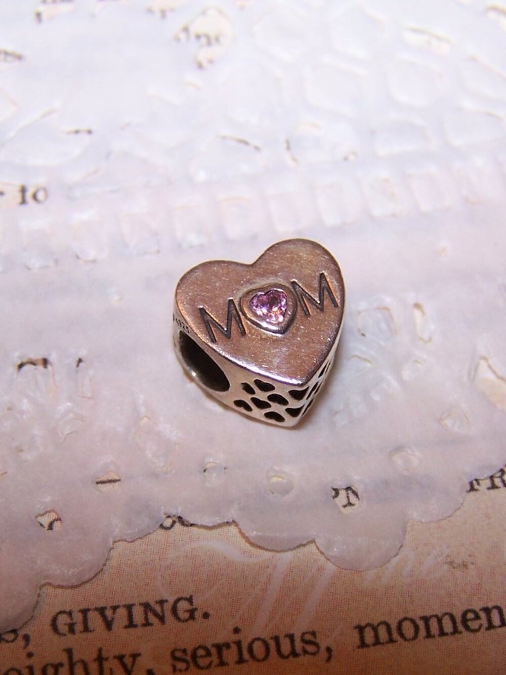 PANDORA Sterling Silver Pink CZ Cubic Zirconia MOM Heart Charm 791881PCZ